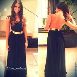 Free Shipping Sweetheart A Line Nude Back Black Lace Chiffon Gold Belt Dress Formal Prom Evening Gown Girls Party
