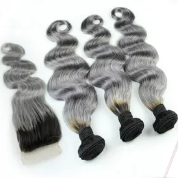 1B / cinza Brasileiro Ombre Human Human Bundles com prata cinza laço fechamento dois tons de cabelo colorido com corpo de fechamento ondulado 4 pcs / lote