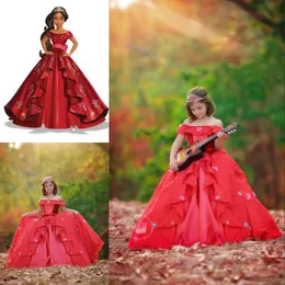Vestido de renda vermelha fora do ombro para meninas apliques florais vestido de baile vestido da menina de flor princesa menina vestido de aniversário crianças de casamento Formal Wear