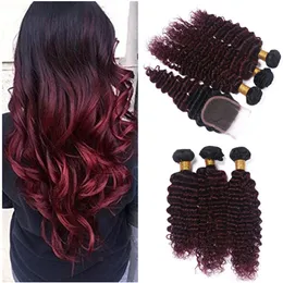 Deep Wave 1b / 99J Burgundy Ombre Malaysiska Virgin Mänskligt Hår Vävar 3Bunder med Vin Röd Ombre 4x4 Lace Front Stängning 4st