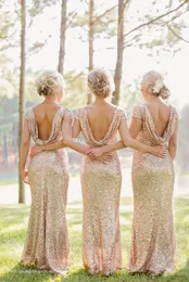 Sparkly Champagne Mermaid Bridesmaid Dresses Short Sleeve Sequins Backless Long Beach Wedding Party Gowns Plus Size Gold Champagne