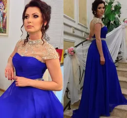 Błyszczący Kryształ Zroszony Wysokiej Neck Suknie Wieczorowe Royal Blue Vestido Longo Preto Kobiety Formalne Prom Party Suknie Kobiety Formalne zużycie