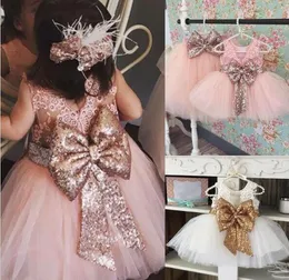 New Arrival Pink Cekiny Kwiat Dziewczyna Sukienka Z Big Bow Tulle Flower Girl Sukienki na ślub