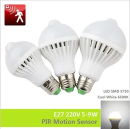 PIR Motion Sensor Bulb E27 LED-lampa 5W 7W 9W SMD 5730 Automatisk Smart Detection LED infraröd kroppsljus sensor Cool vit