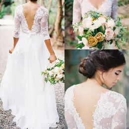 New Bohemian Wedding Dresses Lace Chiffon Dresses V neck 3/4 Long Sleeves A-line Sheer Back Plus Size Formal Summer Bridal Wedding Dresses