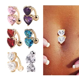 6 Colors Reverse Crystal Bar Belly Ring Gold Body Piercing Button Navel Two Heart body pierce jewelry