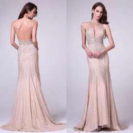 Luxury 2016 Blush Pink Tulle Pärlstav Beading Mermaid Evening Dresses Sexig Backless Sheer Neckline Lång Klänning Kvällskläder Skräddarsy Made EN9309