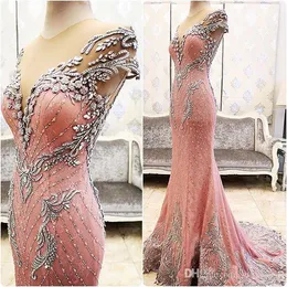 Luxury Real Image Dresses Evening Wear Beads Mermaid Prom Klänningar Lång Kortärmad Sheer Neck Vintage Formella Pagant Party Gowns