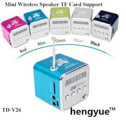 120PCS / LOT TD-V26 Mini Speaker Portable Digital LCD-ljud Micro SD / TF FM Radio Musik Stereo Högtalare för Laptop Mobiltelefon MP3