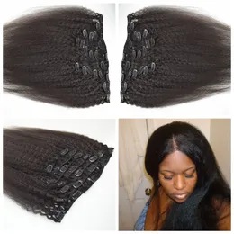 7pcs Peruvian Human Hair Full Head Natural Black Kinky straight Clip in Human Hair Extensions G-EASY Hair