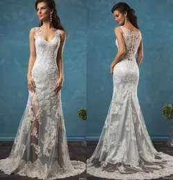 Azul cetim amelia spassa laço vestidos de casamento bainha split verão praia 2019 vestidos nupciais v pescoço coberto botão varrer trem