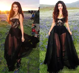 Moda Selena Gomez Sexy Preto Vestidos de Baile Sem Alças Applique Vestidos de Noite Ver Através de Vestidos de Festa Pura Clube Desgaste