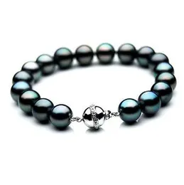 Vacker 10-11mm Naturlig Tahitisk Peacock Green Pearl Armband 7.5-8INCH 925 Silverlås