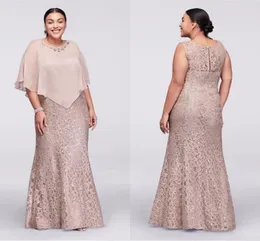 Champagne New Mother Off Bride Jewel Neck Full Lace With Cape Wrap Beaded Floor Length Mermaid Plus Size Wedding Guest Dresses