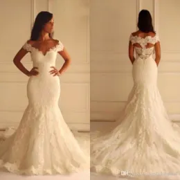 2018 Koronka Syrenka Kraj Suknie Ślubne Plus Rozmiar V Neck Cap Sleeve Zipper Court Train Spring Fall Berta Bridal Gown Robe de Mariée