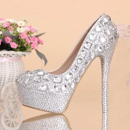 Düğün Ayakkabıları Kadın Yüksek Topuklu Kristal Moda Gelin Elbise Ayakkabı Kadın Platformları Gümüş Rhinestone Parti Pompaları283E