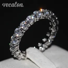 Vecalon 女性バンドリングラウンドカット 4 ミリメートル模擬ダイヤモンド Cz 925 スターリングシルバー婚約結婚指輪女性のためのファッションジュエリー