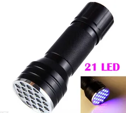 Nowy Fioletowy 395nm 21 LED UV Ultra Violet Latarka Latarka Lampa Lampa Lampa Mini UV Lampa błyskowa dla Blaclight Niewidzialny Mini Aluminium