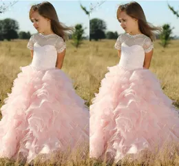 Różowa Księżniczka Suknia Balowa Kwiat Girl Sukienki Sheer Koronki Klejnot Neck Ruffles Spódnicy Dziewczyny Komunia Dress Dzieci Wieczór Prom Suknie na ślub