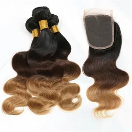 #1B/4/27 Honey Blonde Ombre Brazilian Hair Weave Bundles With Lace Frontal Closure Dark Roots Body Wave Ombre Hair Weaving 4Pcs Lot