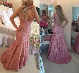 Dusty Pink Lace Mermaid Prom Dresses 2017 Deep v Neck Pearls Beaded Sleeveless Evening Gowns Sheer Back Arabic Cocktail Party Dresses