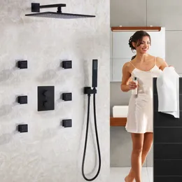 매트 젖빛 욕실 샤워 수도꼭지 세트 현대 12 인치 레인 샤워 헤드 온도 조절 샤워 믹서 밸브