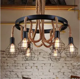 Vintage Pendant Light Led Hemp Rope Pendant Lamp Industrial Lighting 6 Heads Chandelier Light Fixture for Restaurant Livingroom Coffee
