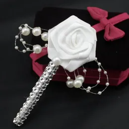 1 PC Handmade Groom Boutonniere Biała wstążka Rose Wedding Bukiet Kwiat Groomsmen Corsages Party Prom Man Suit Accessories