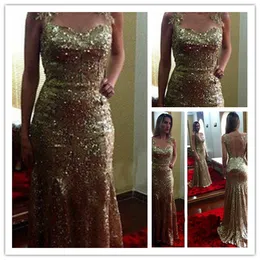 Gold Sequins Sexy Long Pageant Formal Dresse Evening Prom Celebrity Wedding Dresses Mermaid Lace Backless Sleeveless Cocktail Party Gowns