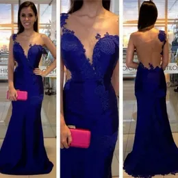 One Mermaid Shoulder Style Prom with Lace Applique Sleeveless Evening Dresses Sheer Back Sweep Train Custom Made Formal Party Dress
