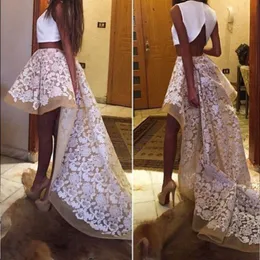 2016 Two Pieces White Prom Gowns Sexy Back Short Top Chic High Low Sweep Train Lace Skirts Cocktail Dresses Eye-catching Party Dresses