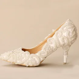 White Pearl Beading Bridal Shoes New Designer Gorgeous Wedding Party Shoes Pointed Toe White Heels For Fiancee Prom Shoes