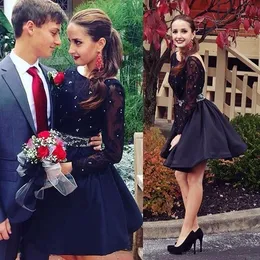 Lace Cocktail Dresses Crystal Beaded Dark Navy Short Prom Dress Homecoming Dress Backless vestidos Graduation Party Gowns Long Sleeve