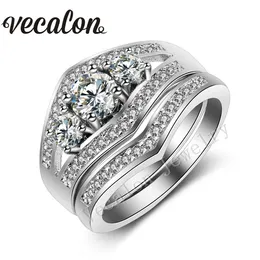 Vecalon 2016 Tre-Stone 3CT Simulated Diamond CZ Bröllop Band Ring Set för kvinnor 10kt vitguldfyllda förlovningsbröllopsuppsättningar