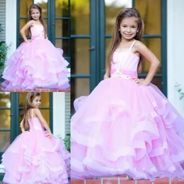 Lindo Espaguete Meninas Pageant Vestidos de Tule Em Camadas Lace Up Voltar Flower Girl Dresses Para O Casamento Até O Chão Do Bebê Vestido de Festa Formal