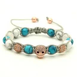 Wholesale 10pcs/lot 8mm White Howlite & Turquoise Stone Clear Cz Heart Skull Braided European American Macrame Mens Bracelets