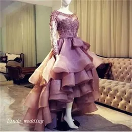 Real Sample Hi Lo Evening Dress High Quality Organza Long Sleeves Prom Party Dress Formal Event Gown273r