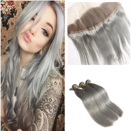 Grå Peruvian Virgin Hair With Ear Till Ear Lace Frontal Stängning Sliver Grå Straight Human Hair Weft med Lace Frontal Closure