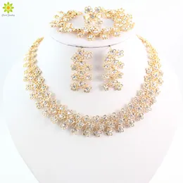 Zestawy biżuterii dla Kobiet Pozłacane Clear Crystal Party Naszyjnik Ślub Bangle Kolczyki Ring Wedding Sukienka Akcesoria Kostium