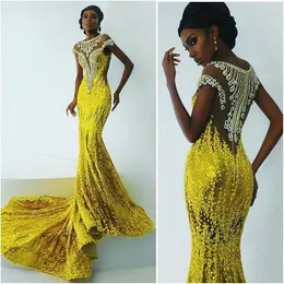 Helle gelbe Spitze Meerjungfrau Ballkleider für Afrika Frauen 2016 Applikationen Perlen Abendkleider Sweep Zug Schwarz Mädchen Party Dresses252d