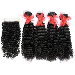 5PCS Lot Brasiliansk Kinky Curly Hair Weaves med stängning 7a Obehandlat Djup Curly Human Hair Weave 4 Bundlar och Top Lace Stängningar Storlek 4 * 4