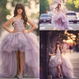 2017 Pretty Tulle Lavender High High Flow Flower Princess Lace Appliques Ruffles Kids Prom Dresses Girls Gains Gowns