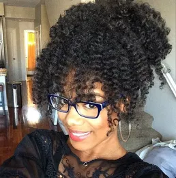 Short afro puff kinky curly ponytail hair extension color 1 jet black clip in remy hair afro drawstring ponytail hairpiece for black women