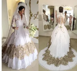 مسلم طويل الأكمام فساتين الزفاف 2017 الرباط الذهب يزين أثواب الزفاف الخامس الرقبة العربية vestidos دي novia فوج متواضع مخصص