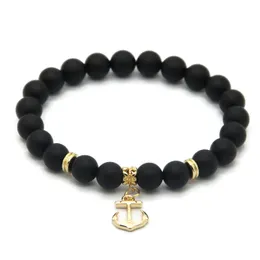 Hurtownie 10ps / lot 8mm A Grade Black Matte Agat Stone Gold Anchor Charm Bransoletki Party Prezent