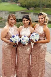 Sequin Rose Gold Dresses Halter Long A Line Bridesmaid Charming Country Garden Maid of Honor Gowns