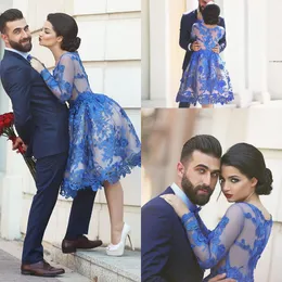 2016 New Arabic Short Prom Dresses Sexy Jewel Neck Long Sleeves Lace Appliques Floral Knee Length Royal Blue Sheer Party Dress Evening Gowns