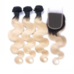 Brasiliansk 1B/613 Body Wave Blonde Ombre Human Hair Weaves 4Bunds med stängning Free Middle 3 Part Double Weft Human Hair Extensions Dyable