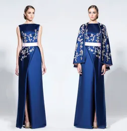 Темно-синие арабские вечерние платья с накидкой обертываются высокие сплит атласные аппликаторы выпускные платья мать невесты платье формальные платья