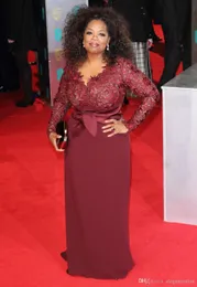 Oprah Winfrey ny designer Bourgogne mantel Mor till bruden klänningar V-ringning spets långa ärmar plus size mor of groom klänningar252k